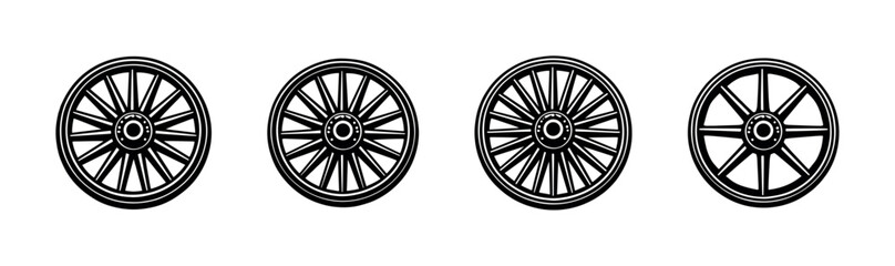 Collection of vintage wagon wheels with varying numbers of spokes © UnIcons