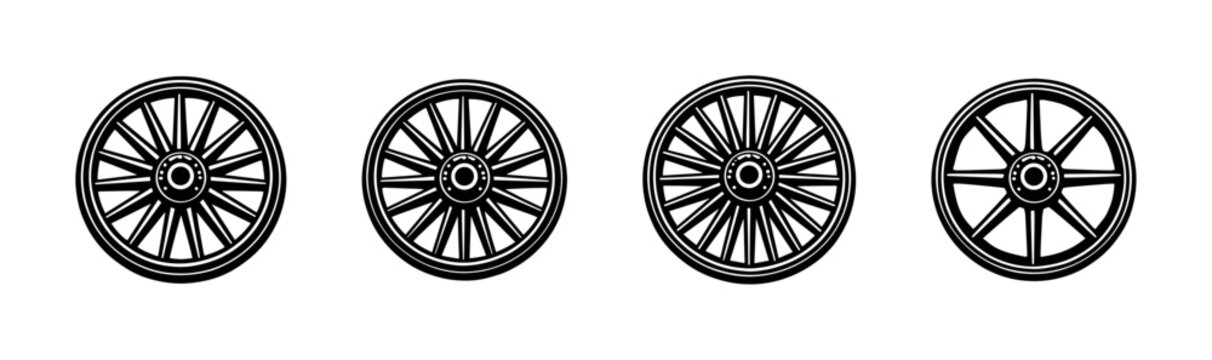 Collection of vintage wagon wheels with varying numbers of spokes