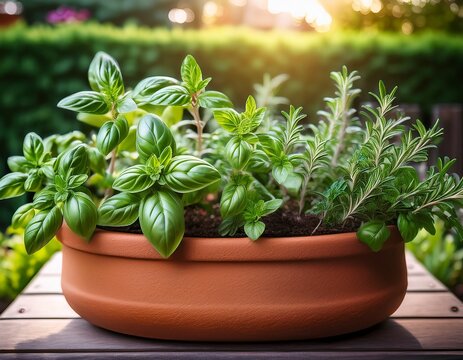 backyard herb garden with rosemary basil mint plants in terracotta pot lush green foliage and fresh garden growth