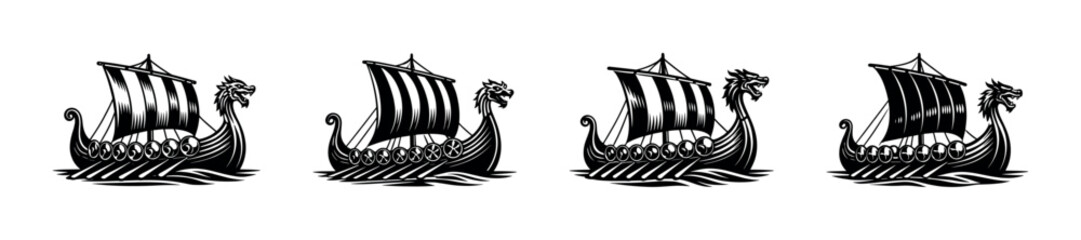 Four Viking longships with dragon heads sailing on the water © UnIcons