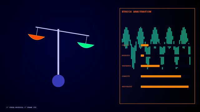 Model alignment visualizations appearing as a balancing scale graphic with oscillating green audio bars and orange horizontal line meters set against a dark blue screen interface