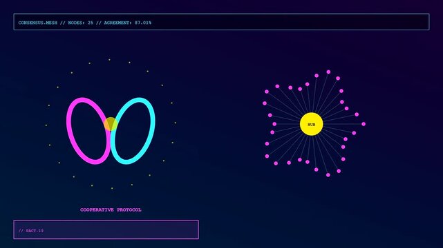 Digital model alignment visualization displayed on dark screens with vibrant neon circles and glowing central nodes reflecting the constant flow of information and interconnected system processes