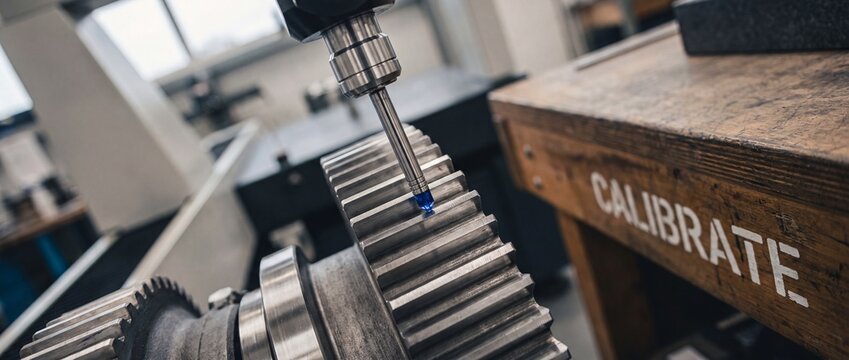 CMM Coordinate Measuring Machine Probe inspecting a metal gear on a calibration workbench in a precision engineering manufacturing workshop, focusing on quality control and industrial metrology work.