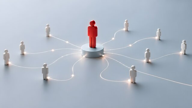 3D render of a red leader figure on a podium connecting with a network of white figures, illustrating leadership, teamwork, and business communication concepts.