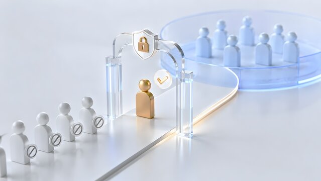 Golden human figure passing security gate with approval checkmark while others are blocked concept of VIP access
