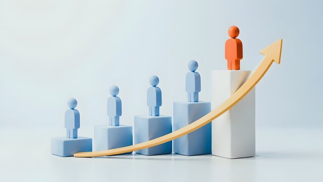 3D illustration of red figure standing on highest block with rising yellow arrow representing career growth and business success promotion