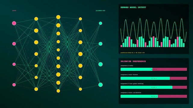the process of model alignment demonstrates abstract node connections and shifting wave patterns within a digital interface displaying quantitative feedback loops on a dark emerald screen