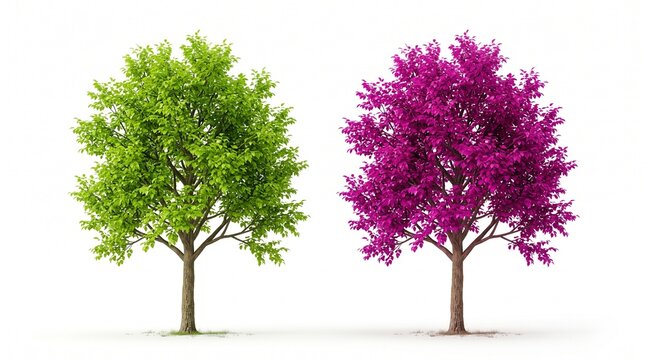 Vibrant green and purple trees isolated on white background