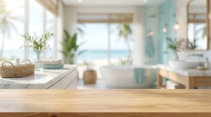Fototapeta premium Empty Wooden Tabletop in Blurred Luxury Spa Bathroom with Tropical Ocean View Background for Product Mockup Display