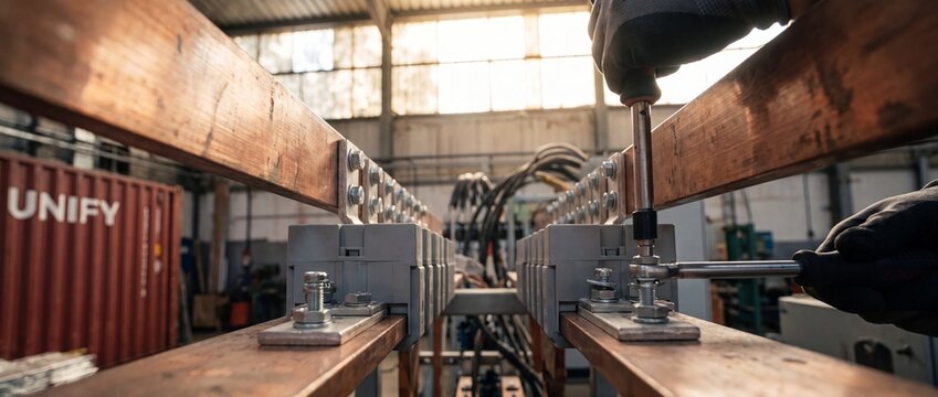 Electrician hands assembling copper busbars in switchboard using socket wrench tool during industrial electrical panel maintenance and power distribution system installation in factory workshop.