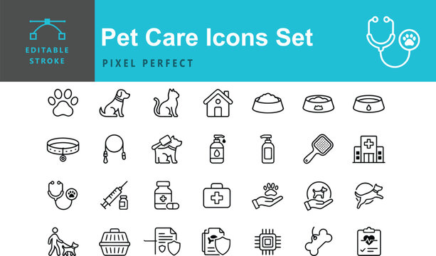 Pet care icon set featuring veterinary symbols animal health and domestic pet supplies veterinary medicine domestic
