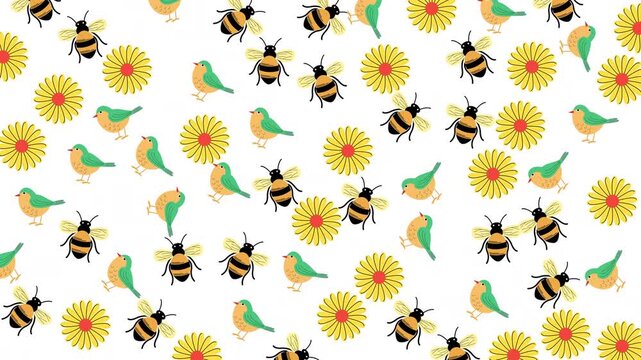 Multiple cartoon bees, yellow flowers, small green birds, and white background icons. Ideal for childrens books, educational materials, and naturethemed designs.