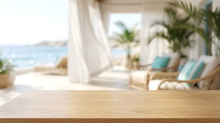 Fototapeta premium Wooden Tabletop Display on Luxury Beach Resort Balcony with Ocean View for Product Mockup and Summer Website Banner
