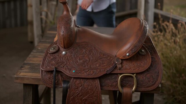 Brown leather saddle rests on wooden table. Weathered wood background shows rustic charm. Saddle features intricate tooled patterns and metal hardware. Soft lighting highlights texture