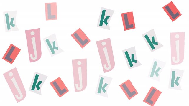 Scattered j k l letter cutouts in colorful paper alphabet font style. Suitable for educational materials, typography designs, and crafting projects.
