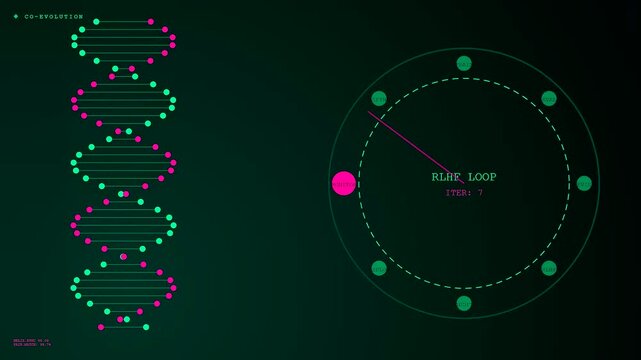 Model alignment cycles displayed through rotating circular interfaces and evolving digital double helix structures appearing in a dark graphical environment with glowing pink and green light