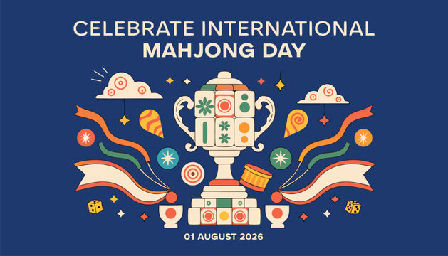 Festive graphic art celebrating international mahjong day with golden trophy