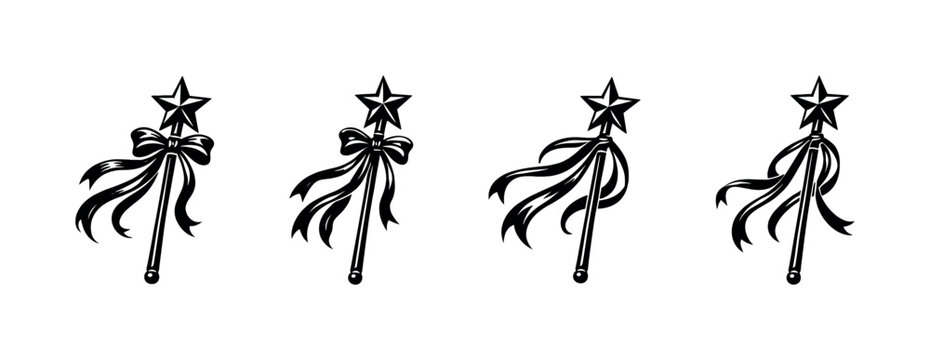 Collection of four stylized magic wands with stars and ribbons