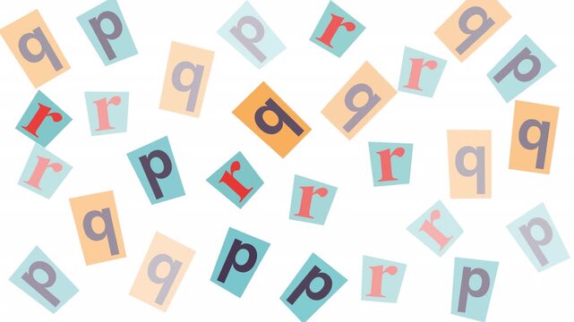 Bright paper squares display lowercase alphabet letters p, q, r. Suitable for educational materials, childrens books, and designing playful graphics.