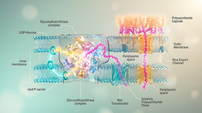 Premium Photorealistic Transparent Bacterial Polysaccharide Synthesis Complex Cutaway Bacteriology Visualization with Glycosyltransferase Activity and Capsule Assembly