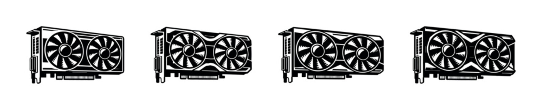 Multiple graphics cards with fans displayed in a row on a white background