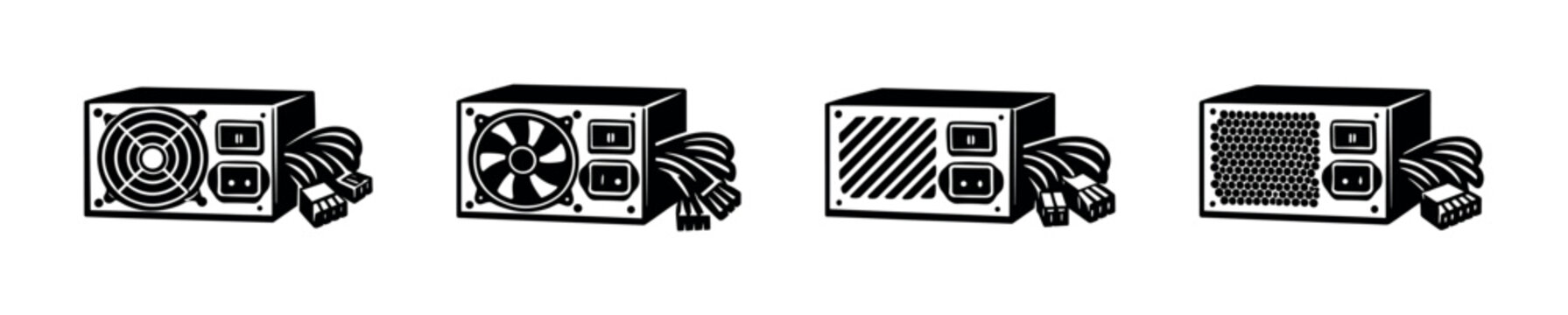 Computer power supply units with cables and different ventilation designs