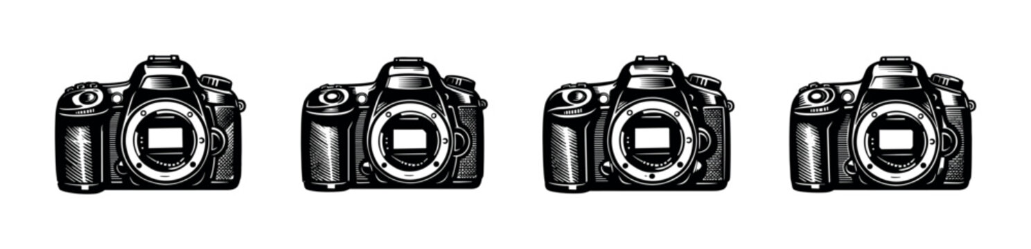 Row of four black and white DSLR cameras in a line, isolated on white background