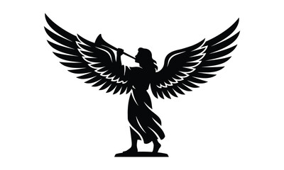 Black silhouette of a majestic angel blowing a trumpet, isolated on white background for religious, spiritual, and holiday design concepts. © Sakill_Pro