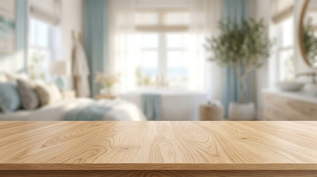 Empty wooden tabletop mockup in blurred bright coastal bedroom background for product presentation and home marketing.