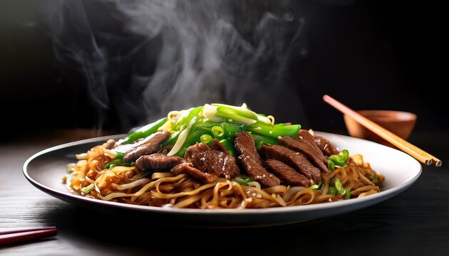 beef chow fun wok tossed beef chow fun with flat wide rice noodles tender beef slices bean sprouts glossy soy sauce coating wok hei smoke effect dark moody lighting copy space for text
