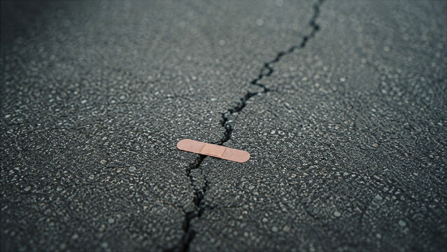 Bandage on Cracked Asphalt as Symbol of Ineffective Temporary Solution and Quick Fix for Infrastructure or Structural Problems