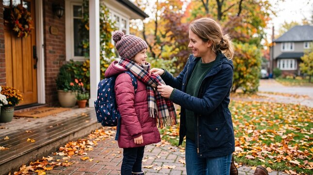 Mother helps daughter put on scarf for school on a crisp autumn morning outside their home