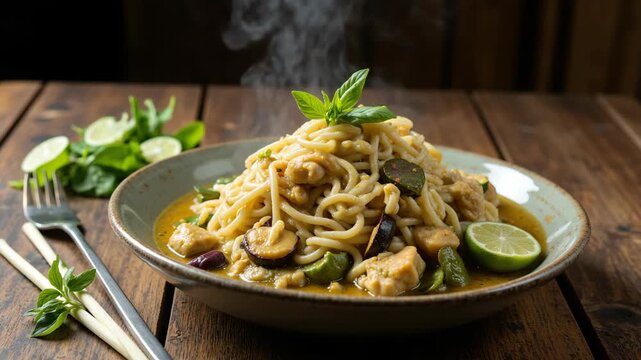 Steam rises from a bowl of noodles. Chicken, vegetables, and lime garnish the dish. Fresh mint leaves add color and fragrance. Wooden table provides rustic background