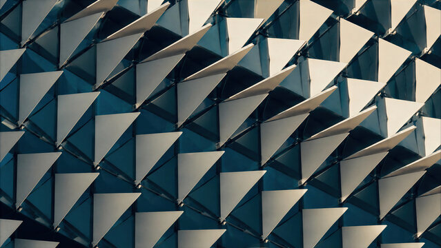 Abstract architectural detail of triangular sunshades on modern building facade with light and shadow patterns.