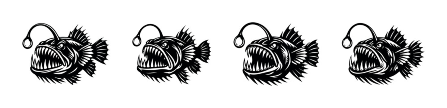Fierce anglerfish with sharp teeth and bioluminescent lure, a deep-sea predator illustration