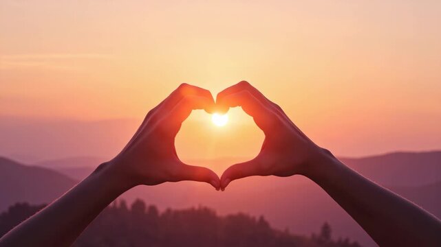A hand making a heart shape with fingers against the backdrop of a beautiful sunset on a mountain top.