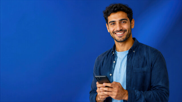 Happy Young Man Smiling and Holding Smartphone Against Solid Blue Studio Background