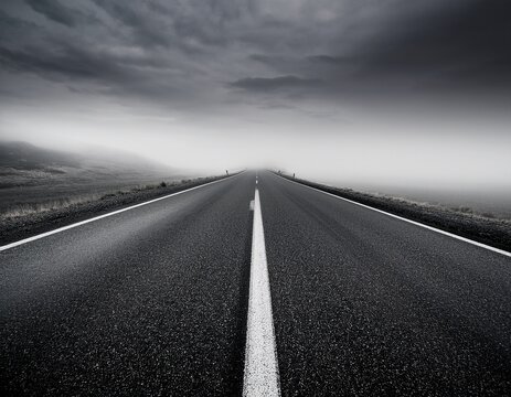 open road into the mist an endless asphalt road cuts through a misty landscape the horizon disappears into the atmospheric perspective a black and white photo that evoking feelings of travel