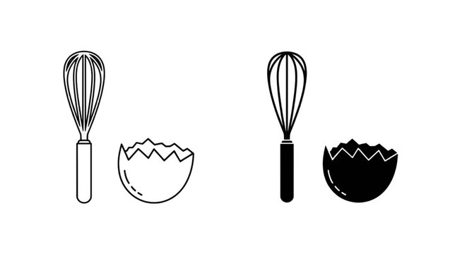 Vector illustration of set of whisk and broken egg shell icons, kitchen tool and food ingredient on a transparent background