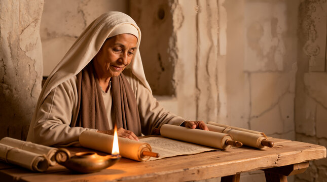 Elderly woman reading an ancient scroll at a rustic wooden table. Biblical figure Anna studying sacred scripture by the warm light of an oil lamp. Historical religion and faith concept