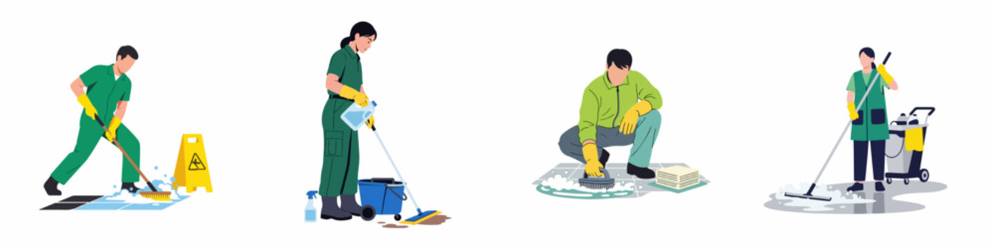 Set of professional cleaning service staff performing various floor maintenance tasks including scrubbing, mopping, and squeegeeing in commercial and industrial environments.