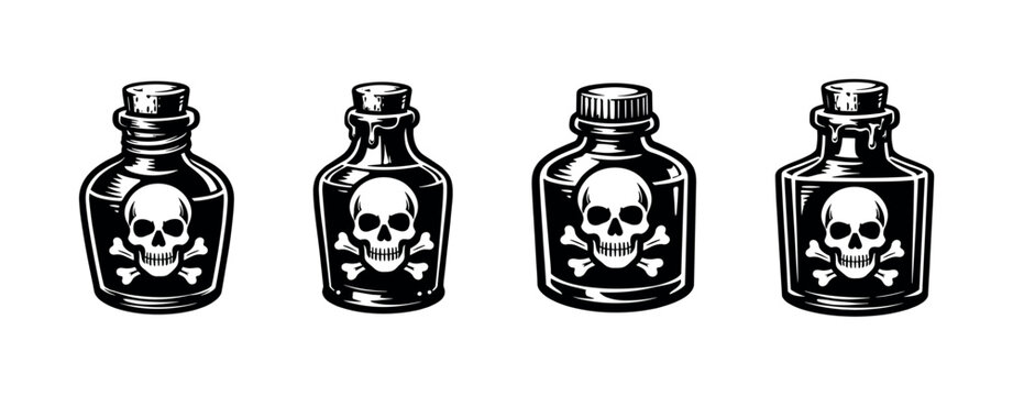 Collection of four vintage poison bottles with skull and crossbones labels