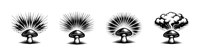 Mushroom with radiating lines and smoke effect in vintage woodcut style © Compositor 