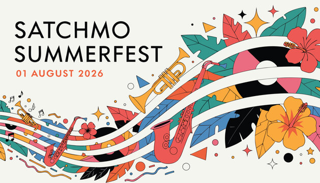Colorful jazz festival poster design with tropical flowers and instruments
