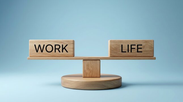 Wooden scale with the words WORK and LIFE on each side, illustrating the concept of work-life balance