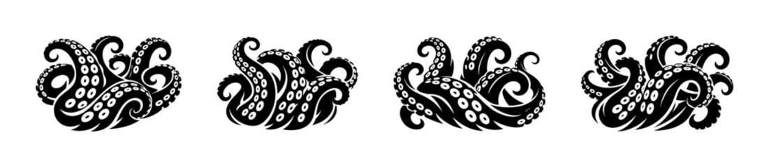 Collection of stylized black octopus tentacles with suction cups in a graphic design © Compositor 