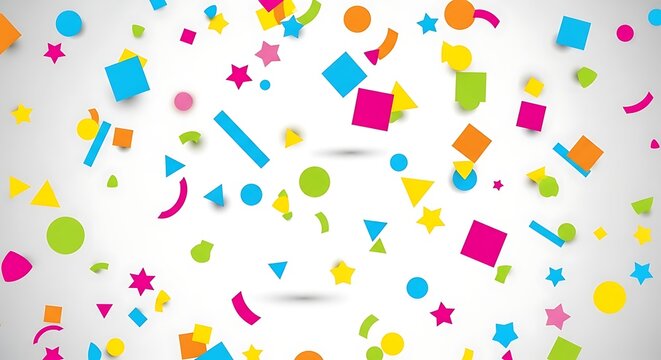 Colorful abstract shapes falling on white background festive celebration concept