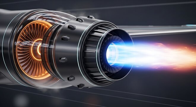 Close up of powerful jet engine with bright exhaust stream and internal turbine detail