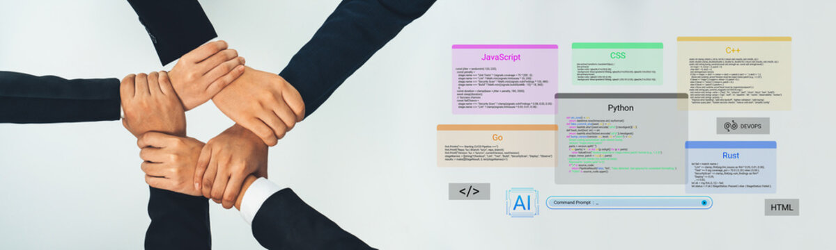 Hands intertwined symbolize collaboration while showcasing programming languages, illustrating the teamwork essential in the tech industry and software development. Cyphers
