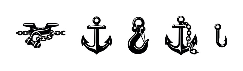 Collection of nautical and marine hardware icons including anchors and hooks © Compositor 
